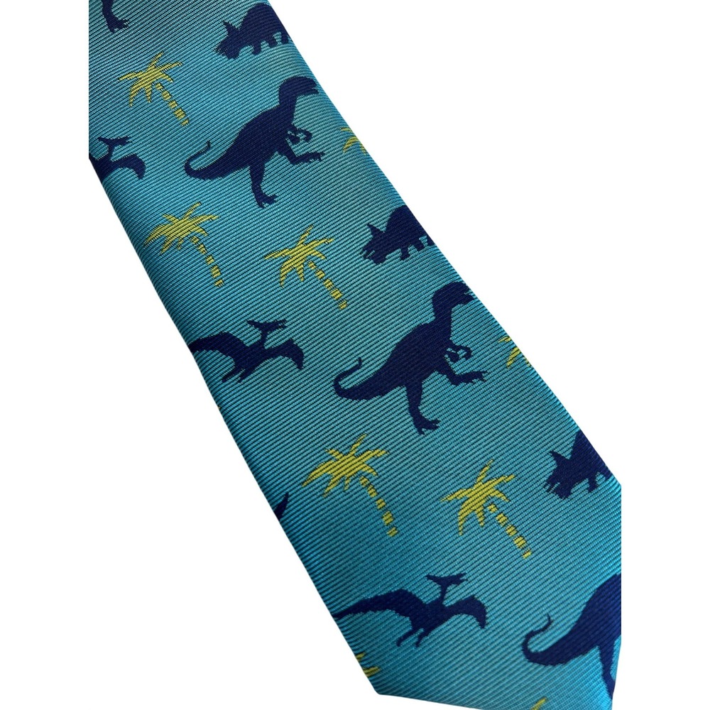 Lands End Teal Dinosaur Palm Tree Silk Polyester Blend Necktie Palenontologist
